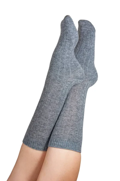 Gris Chaud Chaussettes Hautes Sur Les Jambes Femme Élégant Isolé — Photo