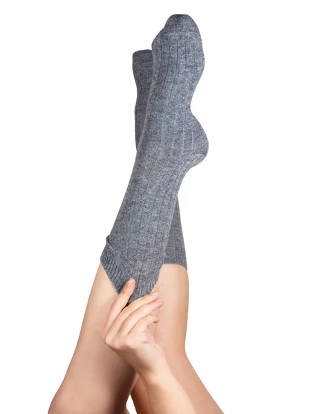 Gray Warm High Socks Woman Legs Elegant Isolated White Background — Stock Photo, Image