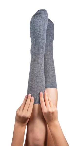 Gris Chaud Chaussettes Hautes Sur Les Jambes Femme Élégant Isolé — Photo