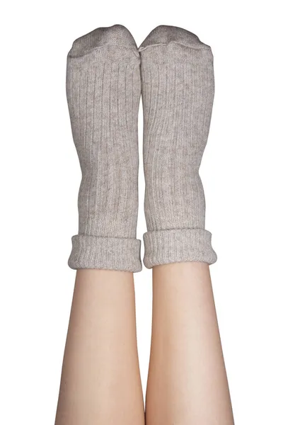 Beige Warme Hohe Socken Auf Frauenbeinen Elegant Isoliert Auf Weißem — Stockfoto