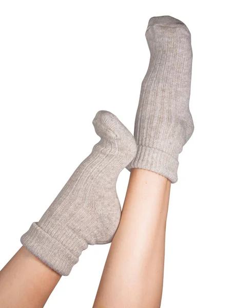Бежеві Теплі Високі Шкарпетки Жіночих Ногах Елегантно Ізольовані Білому Тлі — стокове фото
