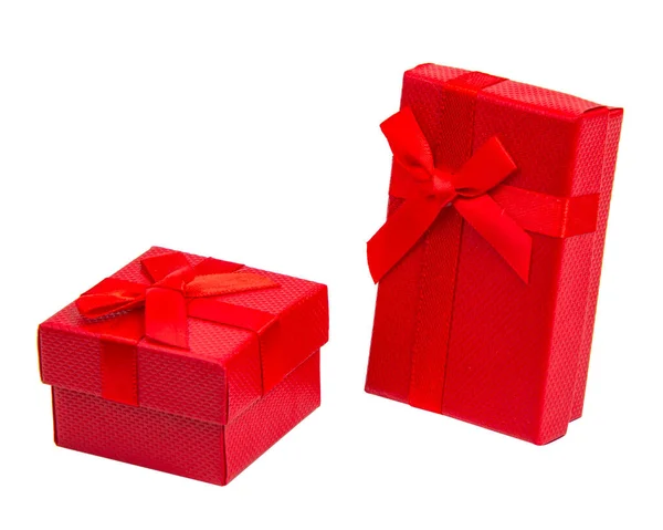 Twee Rode Geschenkdoos Kerst Met Strik Geïsoleerd Witte Achtergrond — Stockfoto