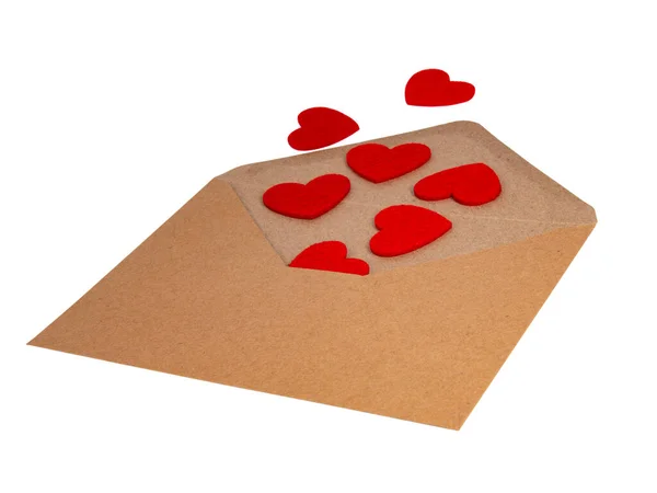 Envelope Artesanato Marrom Com Corações Feltro Amor Conceito Isolado Fundo — Fotografia de Stock