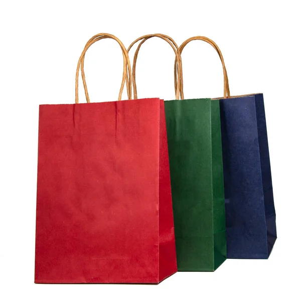 Three Paper Market Bags Ecological Isolated White Background — Stock Photo, Image