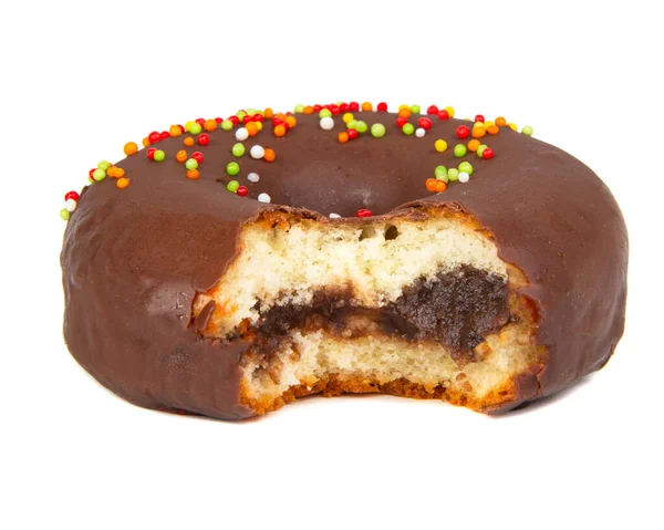 Chocolate Glazed Eaten Donut Isolated White — Stockfoto