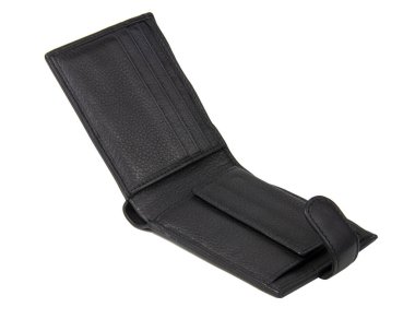 Beyaz arka planda izole edilmiş bir adam için siyah deri bir cüzdan.