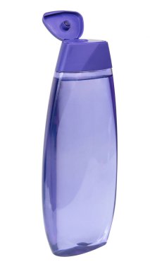 Beyaz arka planda izole edilmiş mavi şişe şampuanı veya losyon paketi plastik kap