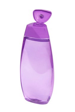 Beyaz arka planda izole edilmiş mor şişe şampuanı ya da losyon paketi plastik kap