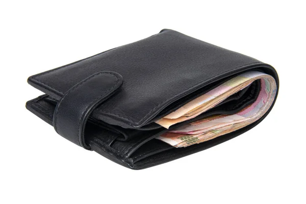 Svart Läder Plånbok Med Pengar Isolerade Den Vita Bakgrunden — Stockfoto