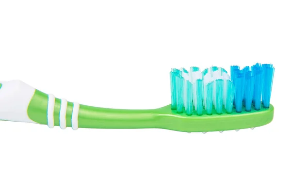 Green Toothbrush Teeth White Background — Stok fotoğraf