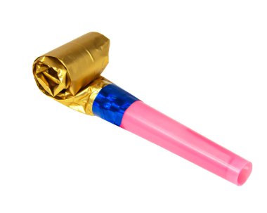Party horn whistle foil gold isolated on the white background