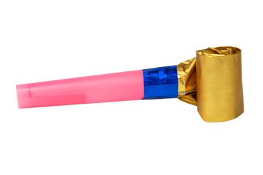 Party horn whistle foil gold isolated on the white background