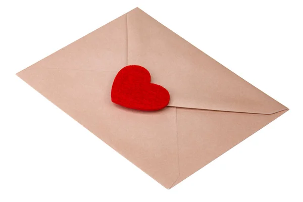 Craft Brown Envelope Felt Heart Isolated White Background — Stock Photo, Image