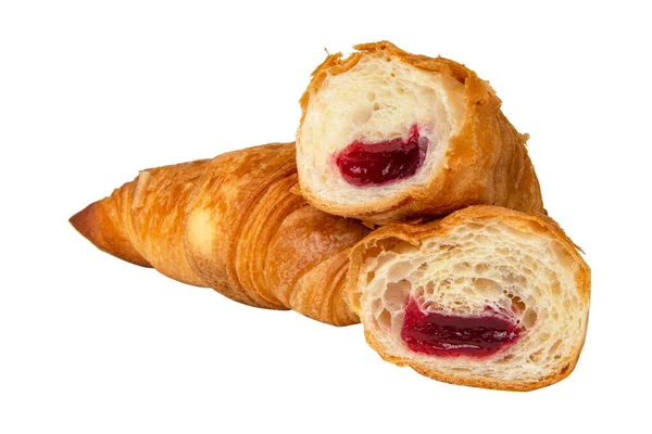 Francia Croissant Cseresznye Dzsem Kitöltése Elszigetelt Fehér Háttér — Stock Fotó