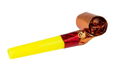 Beyaz arkaplanda parti folyo korna sesi çıkarıcı izole edildi