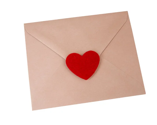 Craft Brown Envelope Felt Heart Isolated White Background — Zdjęcie stockowe