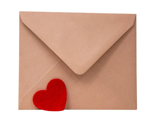 Craft Brown Envelope Felt Heart Isolated White Background — Stock Photo, Image