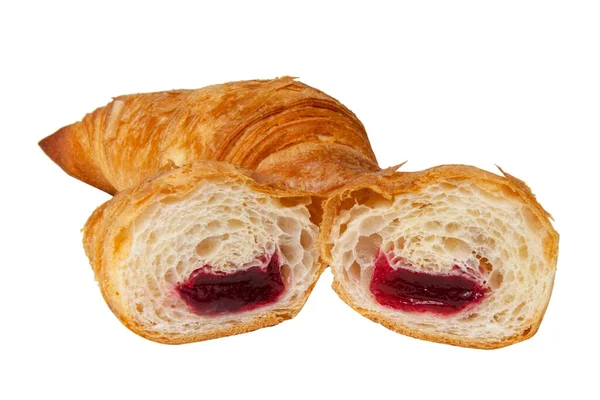 French Croissant Cherry Jam Filling Isolated White Background — Stock Photo, Image