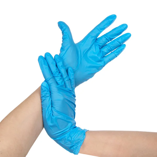 白に隔離された手の上の青いニトリル医療用手袋 — ストック写真