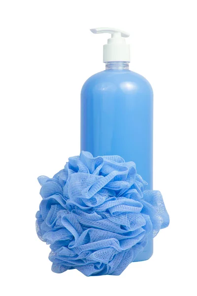 蓝色淋浴液瓶和海绵 用于浴室隔离在白色背景下 — 图库照片