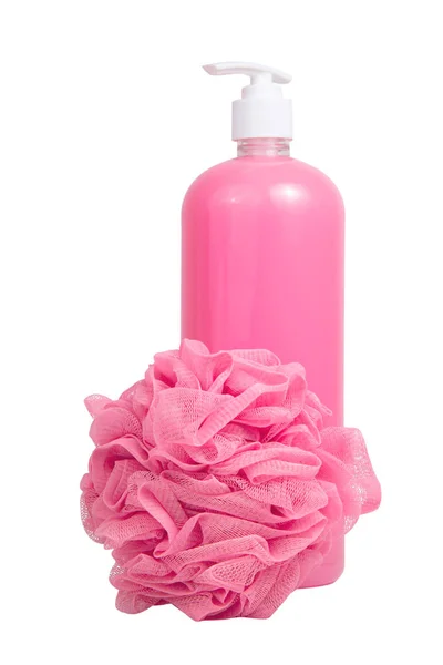 粉红色淋浴液瓶和海绵 用于浴室隔离在白色背景下 — 图库照片