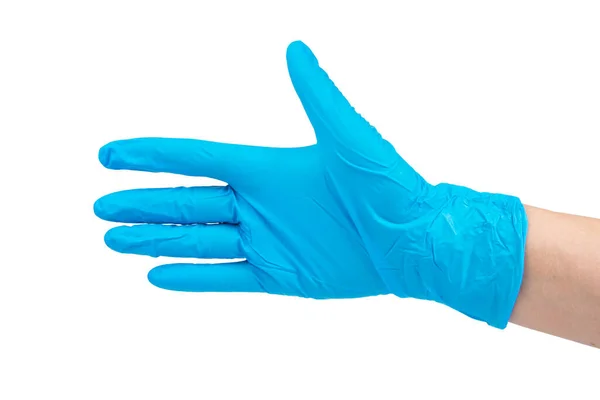 Синие Нитрильные Медицинские Перчатки Руках Изолированные Белом — стоковое фото