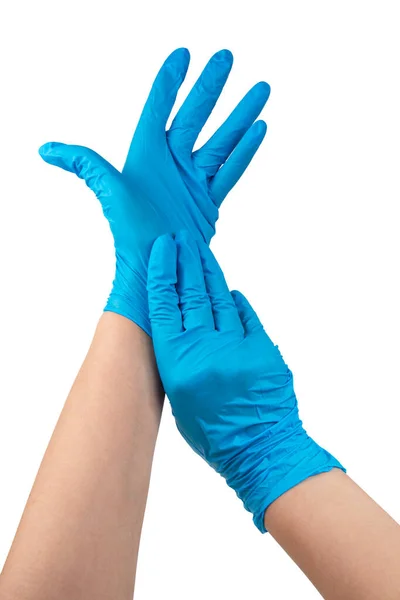 Niebieskie Nitrylowe Rękawice Medyczne Dłoniach Odizolowane Białym — Zdjęcie stockowe