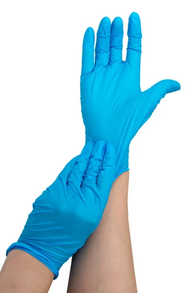 Blauw Nitril Medische Handschoenen Handen Geïsoleerd Witte — Stockfoto