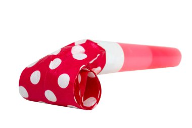 Colored noisemaker party whistle horn on the white isolated background