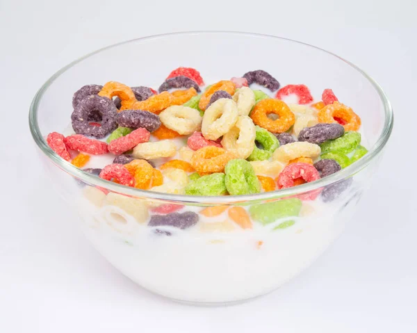 Colored Breakfast Cereals Laid Out Bowl White Background Top View — 스톡 사진