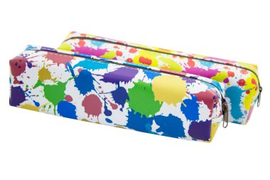 Multicolored pencil pen case container isolated on the white background