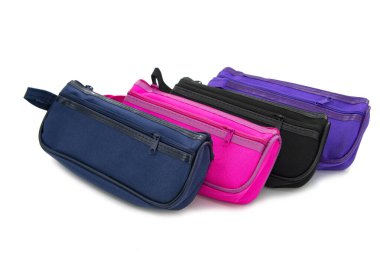 Multicolored pencil pen case container isolated on the white background