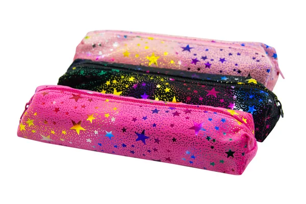 Multicolored pencil pen case container isolated on the white background