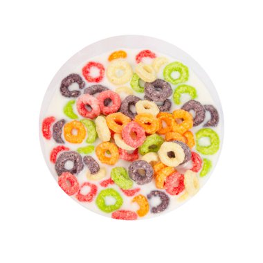 Fruity loops cereal rings breakfast with milk isolated on the white background