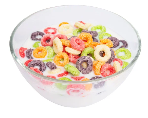 Fruity Loops Cereal Rings Breakfast Milk Isolated White Background — Stockfoto