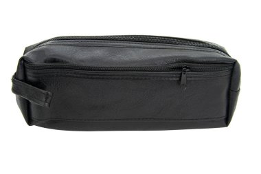 Beyaz arka planda izole edilmiş uzun deri kalem kutusu kabı