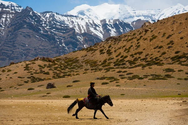 Buddyjski pielgrzym człowiek jazda konna koń góra — Zdjęcie stockowe