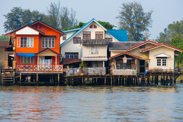 Over Water River Stilt Residential Houses Bangkok