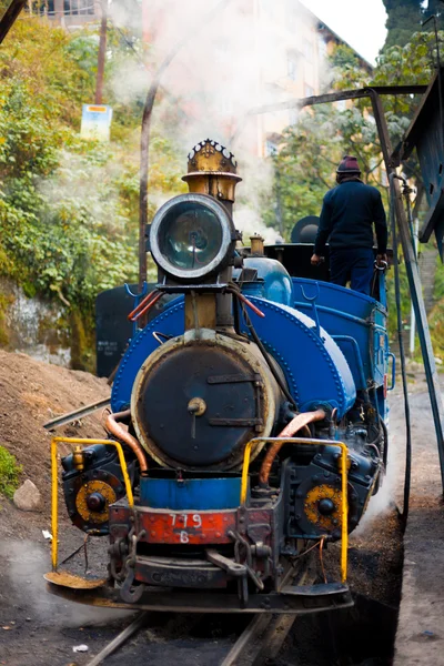 Front Toy Train Engine Darjeeling Tracks Driver — Stock Photo, Image