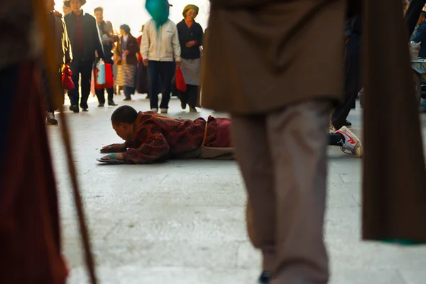 Tibet buddhistiska pilgrim prostrerande barkhor lhasa — Stockfoto