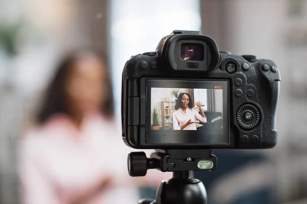 African american woman recording video blog at home — Stock Photo, Image