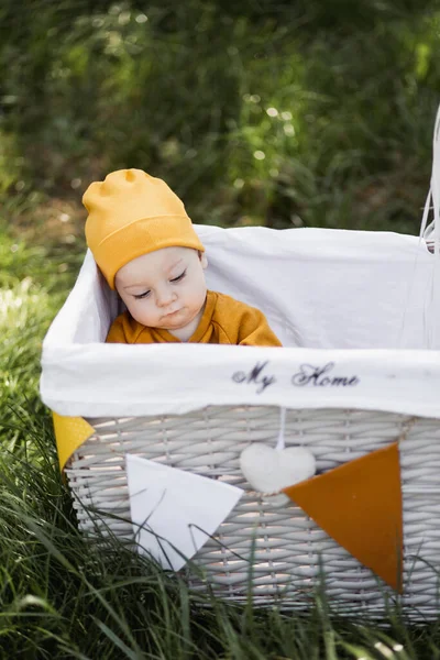 Carino bambino seduto all'interno decorato cesto di vimini all'aperto — Foto Stock