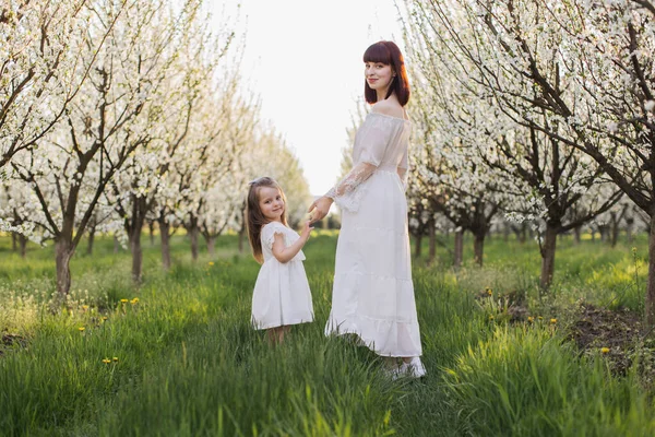 小さな娘と一緒にリンゴの庭を歩いているお母さん — ストック写真