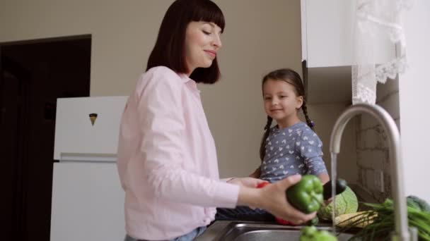 Jovem mãe bonita e sua filha bonita lavar legumes pimentas, pepinos e tomates — Vídeo de Stock