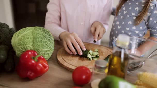 Close up de menina bonito e sua bela mãe em roupas casuais estão cortando legumes — Vídeo de Stock