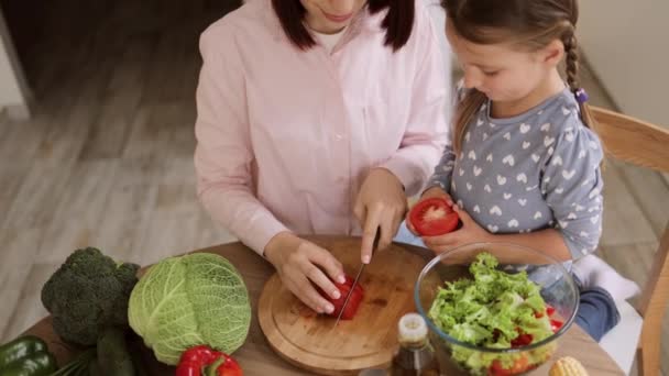 白人の家族、母親、娘の最高の眺めは、台所で一緒にサラダを調理するのを楽しむ — ストック動画
