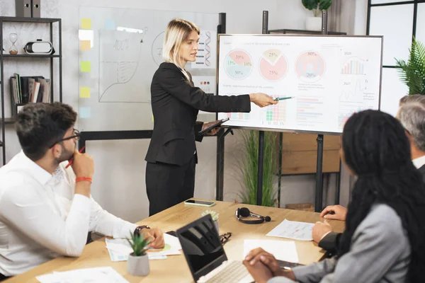 Güzel, motive olmuş, zeki, sarışın, genç iş kadını dijital panoda bilgi paylaşımı yapıyor.