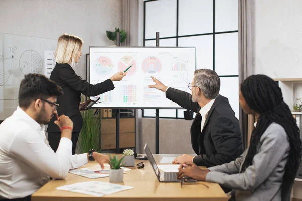 Bir grup iş adamı masada oturup pazarlama ve finansal raporları dinliyor.