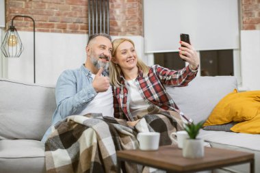 Evde video görüşmesi için akıllı telefon kullanan olgun bir çift.