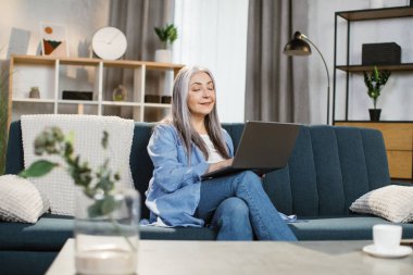 Neşeli olgun beyaz kadın koltukta oturuyor ve kablosuz bilgisayarla çalışıyor..